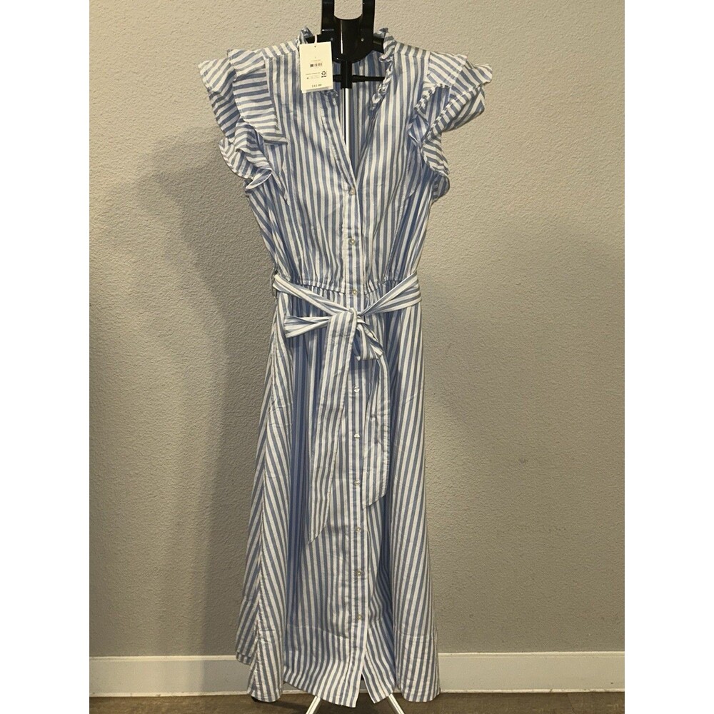 NWT Free Assembly Blue White Stripe Ruffle Maxi Dress Womens L Summer Sun Boho